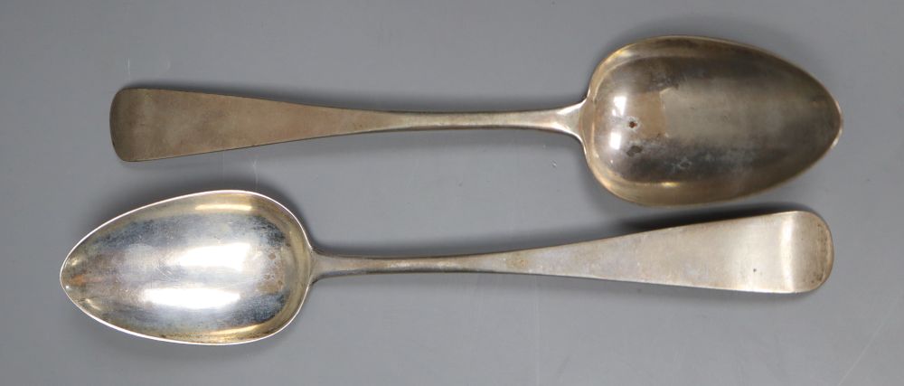 A pair of 19th century Scottish Provincial?? silver Old English pattern tablespoons, indistinct marks, maker JR, 23.5cm, 4oz.